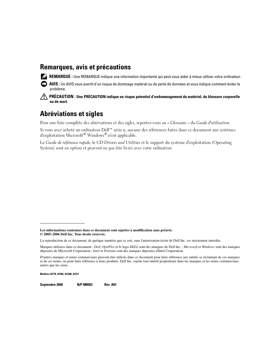 Remarques, avis et précautions, Abréviations et sigles | Dell OptiPlex GX620 User Manual | Page 50 / 294