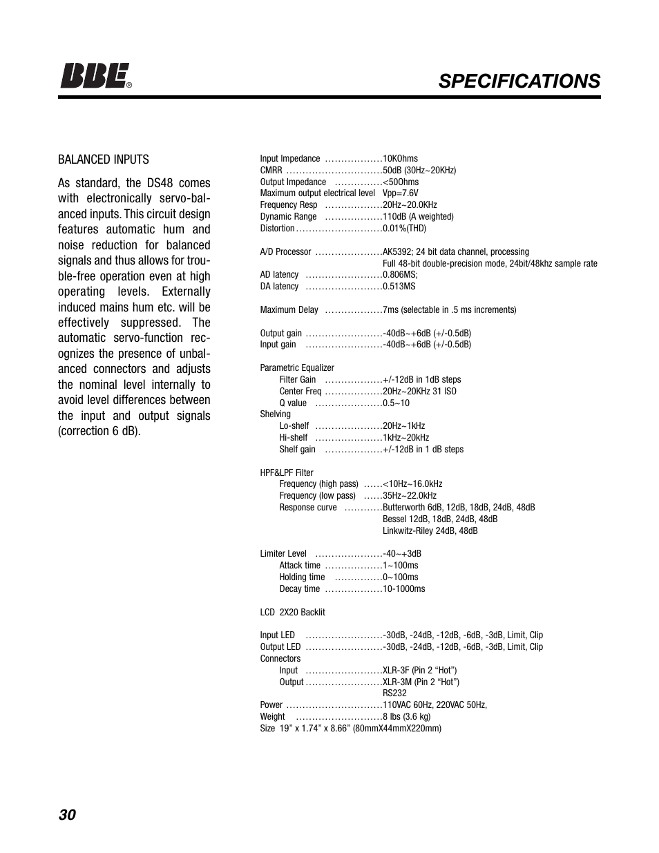 Specifications | BBE DS48 User Manual | Page 36 / 39