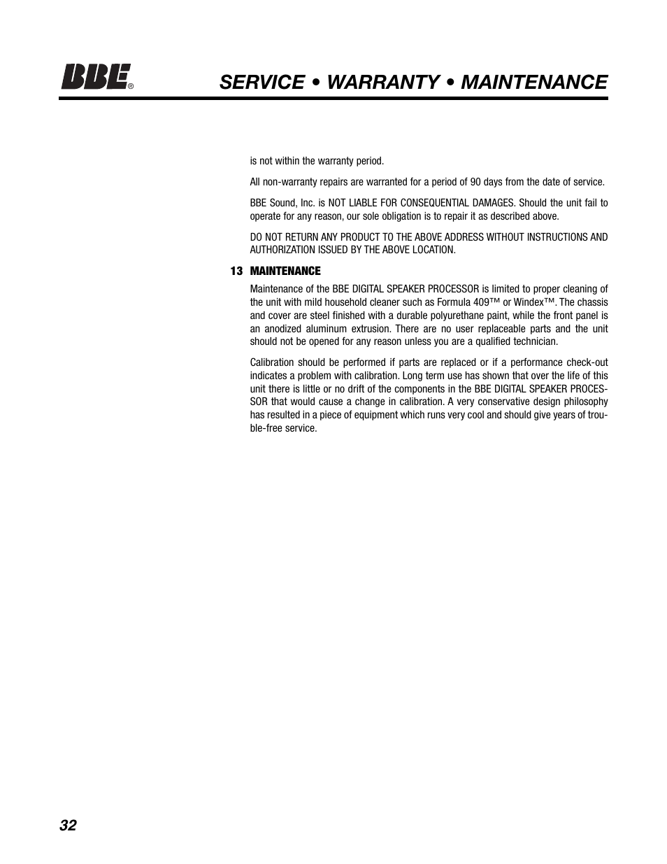 Service • warranty • maintenance | BBE DS48 User Manual | Page 38 / 39