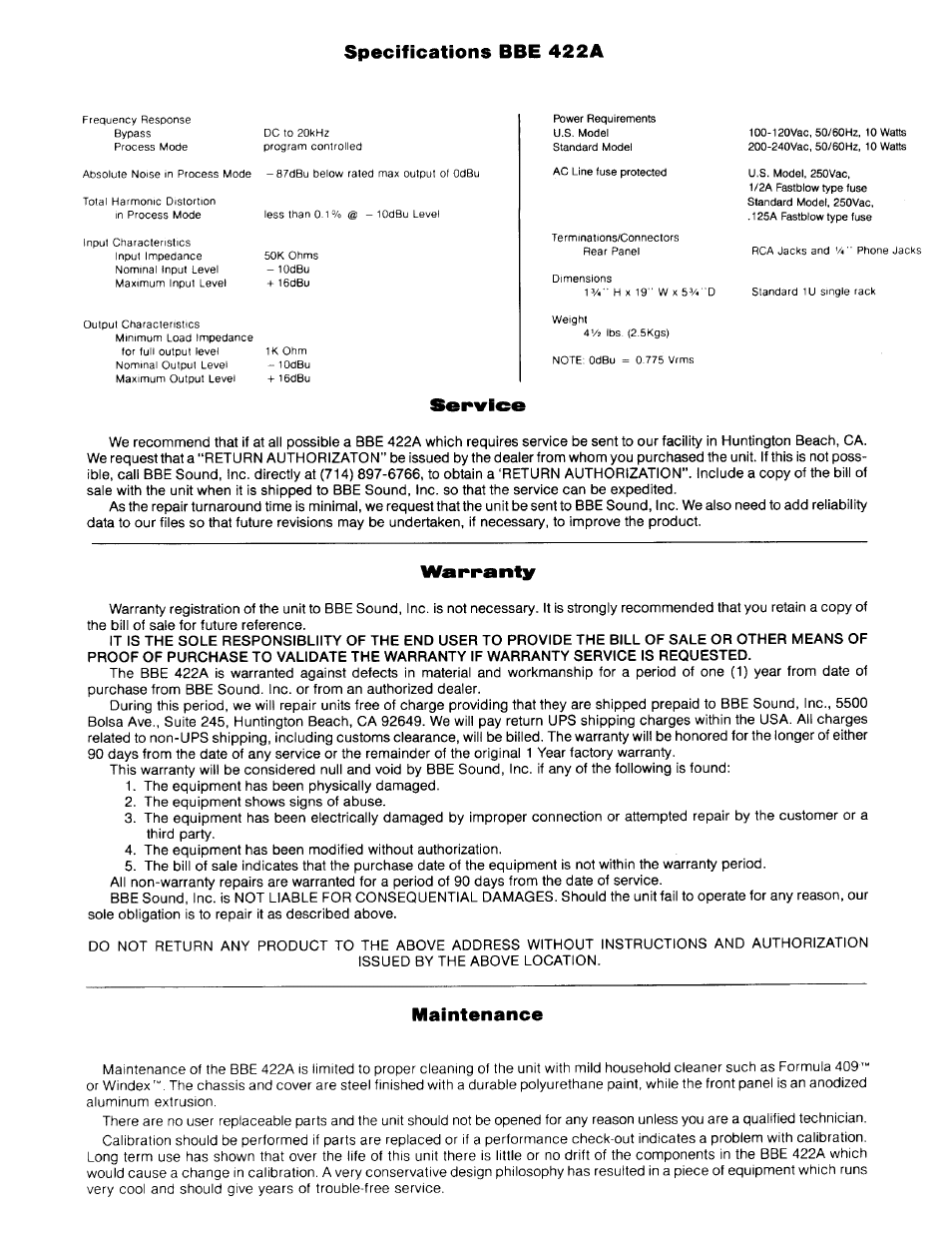 Specifications bbe 422a, Service, Wsrranty | Maintenance | BBE Sonic Maximizer BBE 422A User Manual | Page 14 / 21