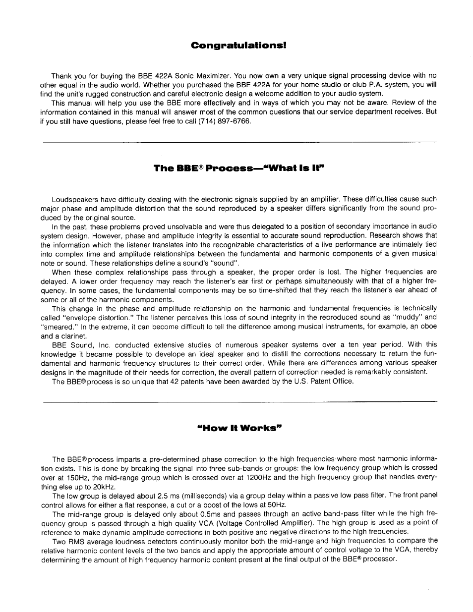 Congratulations, The bbe® process—**what is if, How it works | BBE Sonic Maximizer BBE 422A User Manual | Page 3 / 21