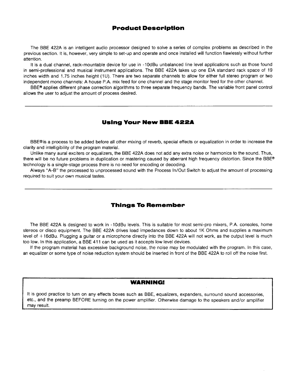 Product description, Using your new bbe 422a, Things to remember | Warning | BBE Sonic Maximizer BBE 422A User Manual | Page 4 / 21
