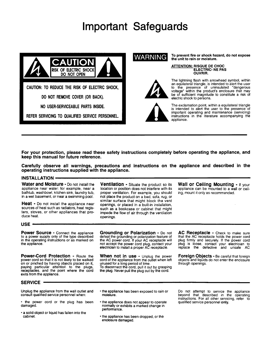 Important safeguards, Caution, No user-serviceable parts inside | Refer servicing to qualified service personnel, Installation, Grounding or poiarization - do not, Service, Warning | BBE Sonic Maximizer BBE 422 User Manual | Page 2 / 18