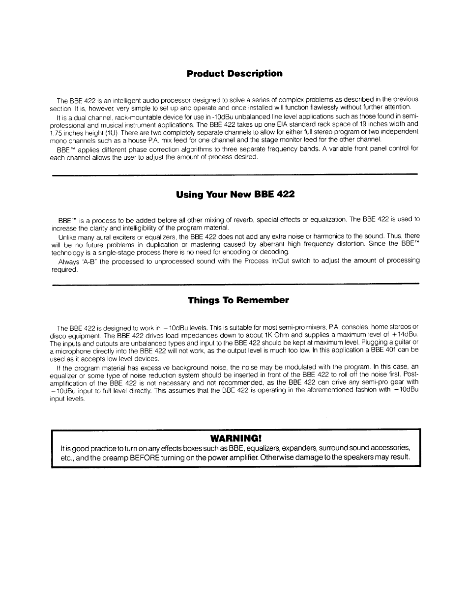 Product description, Using your new bbe 422, Things to remember | Warning | BBE Sonic Maximizer BBE 422 User Manual | Page 4 / 18