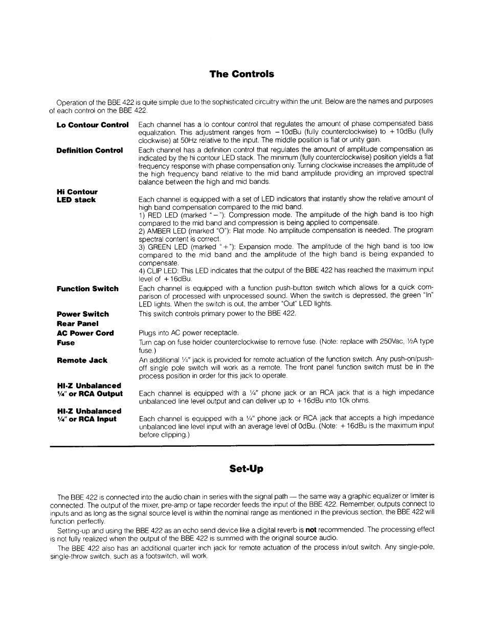Lo contour control, Definition controi, Hi contour led stack | Function switch, Remote jack, Hl-z unbaianced v4" or rca output, Hl-z unbalanced v4" or rca input, The controls, Set-up | BBE Sonic Maximizer BBE 422 User Manual | Page 6 / 18