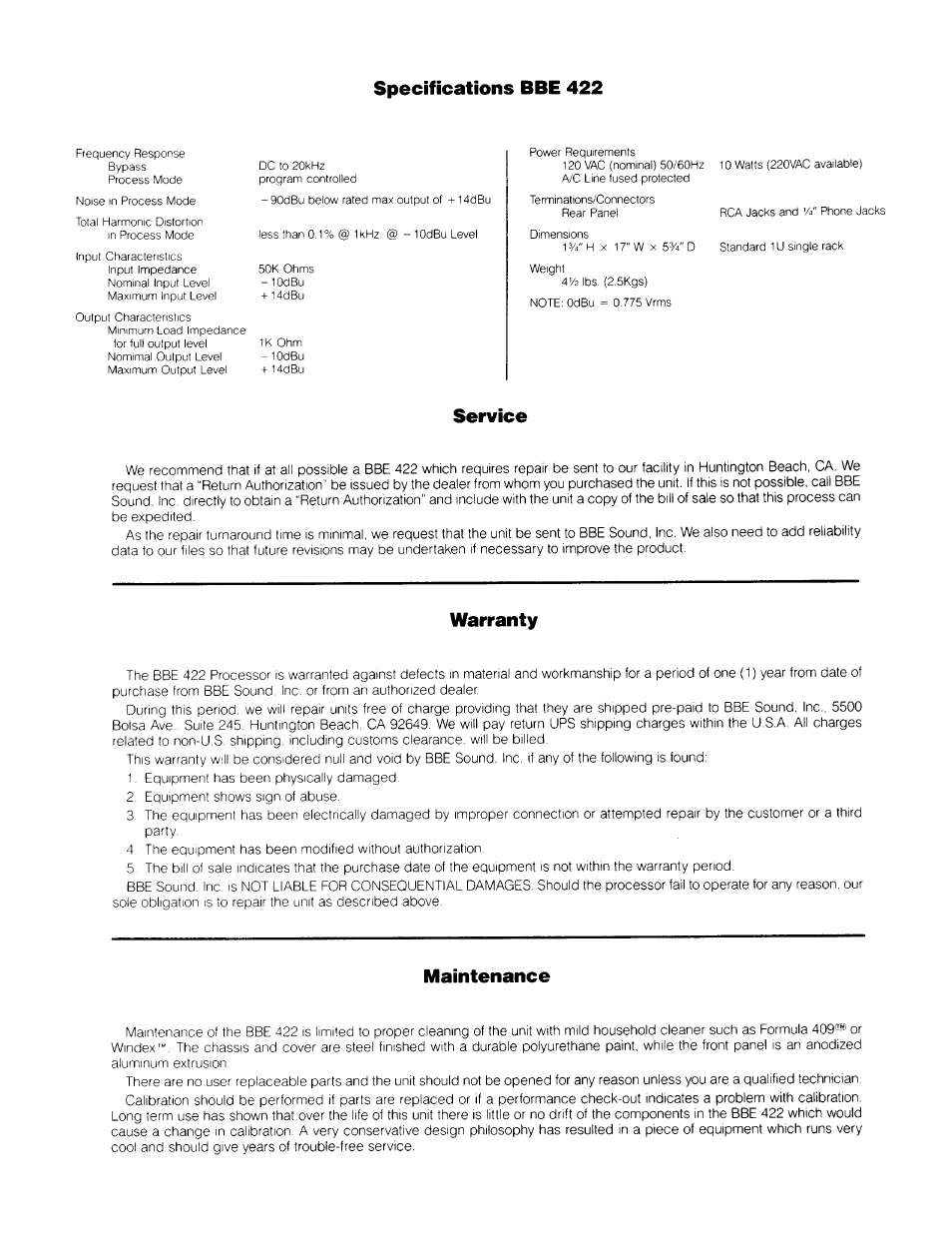 Specifications bbe 422, Service, Warranty | Maintenance | BBE Sonic Maximizer BBE 422 User Manual | Page 8 / 18