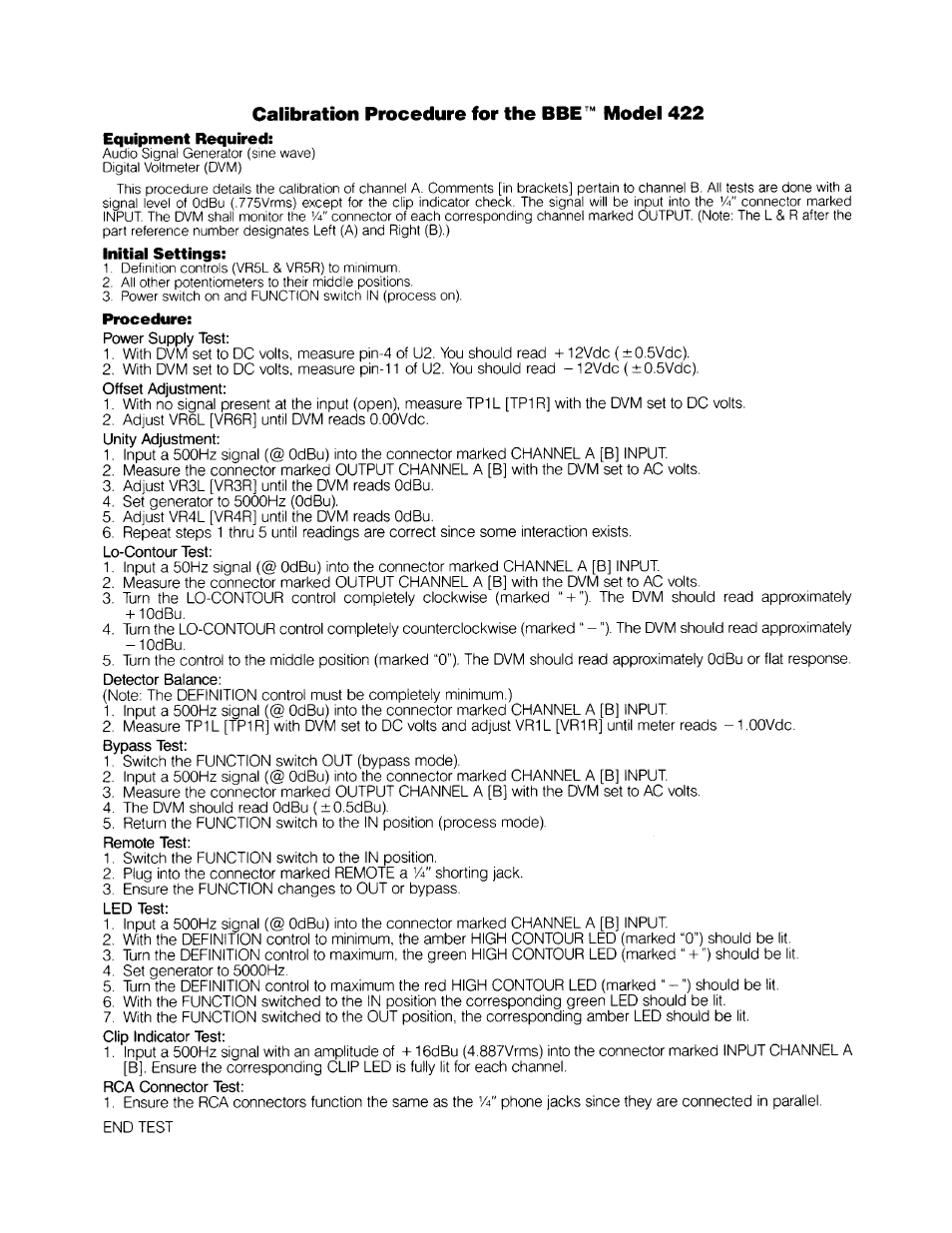 Calibration procedure for the bbe™ model 422 | BBE Sonic Maximizer BBE 422 User Manual | Page 9 / 18