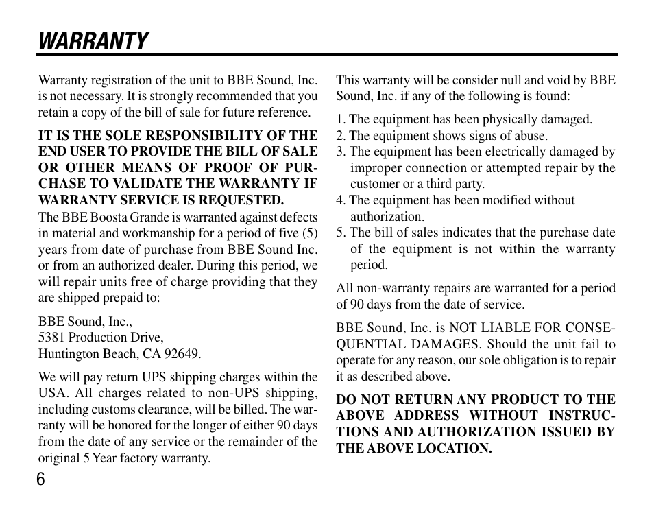 Warranty | BBE Boosta Grande User Manual | Page 10 / 12