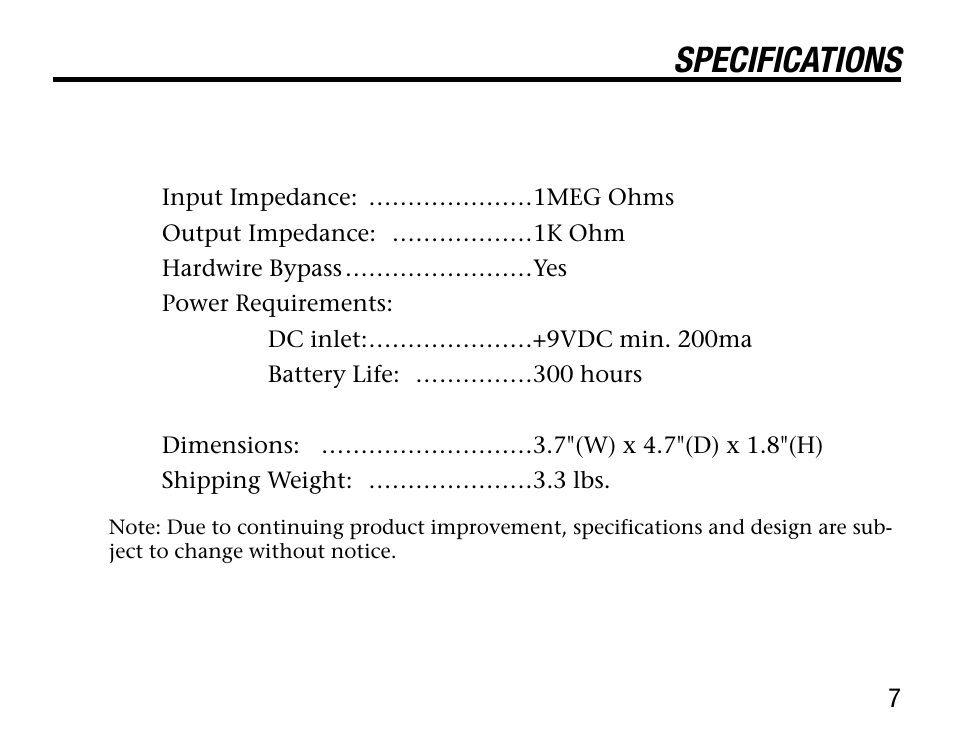 Specifications | BBE Boosta Grande User Manual | Page 11 / 12