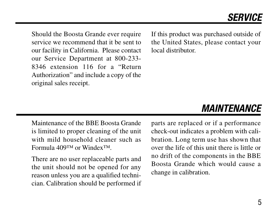 Service, Maintenance | BBE Boosta Grande User Manual | Page 9 / 12