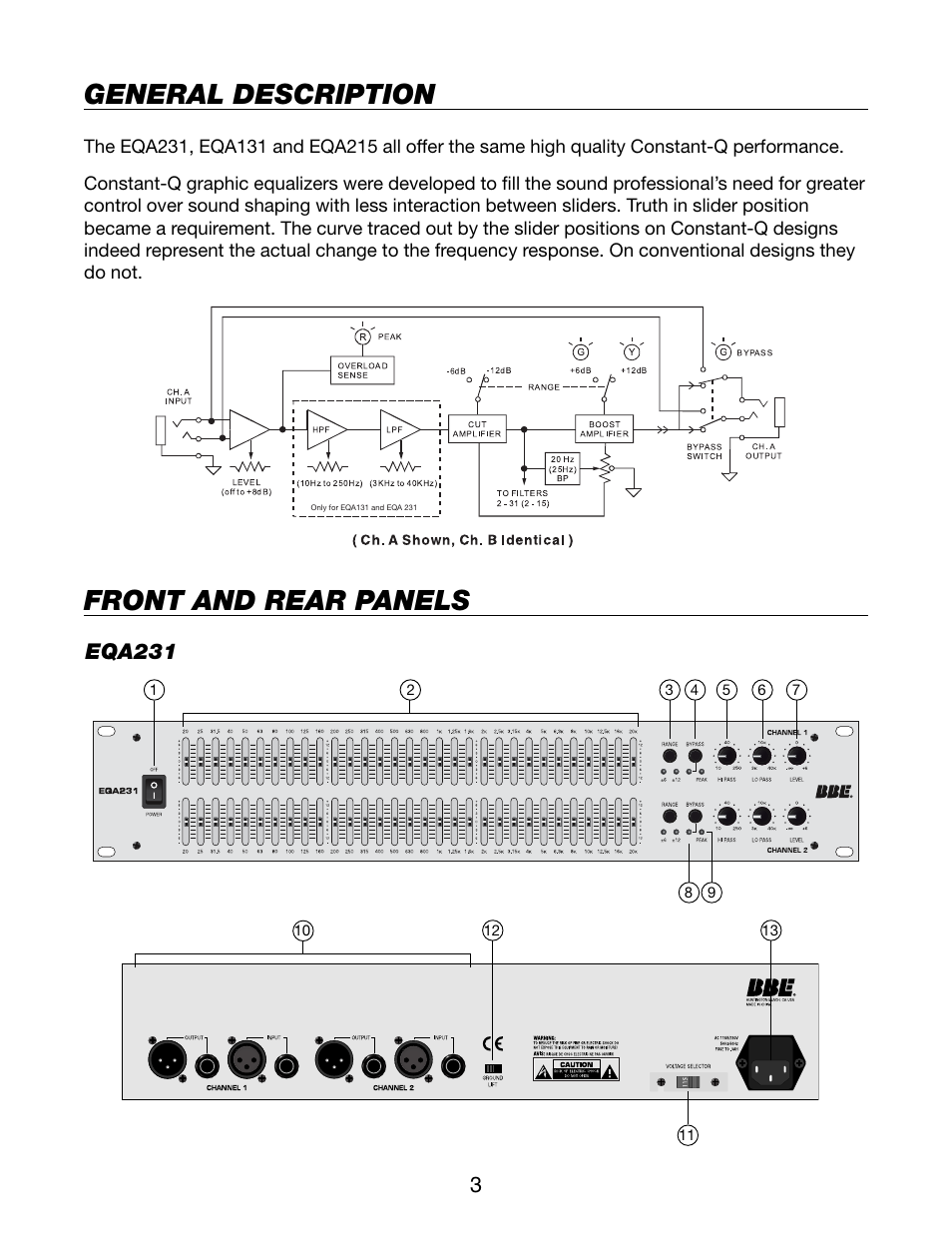 General description, Front and rear panels, Eqa231 | BBE EQA131 User Manual | Page 5 / 10