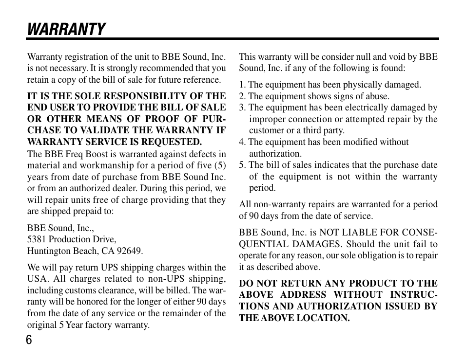 Warranty | BBE Freq Boost User Manual | Page 10 / 12