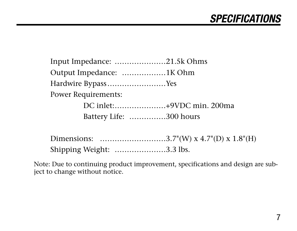 Specifications | BBE Freq Boost User Manual | Page 11 / 12