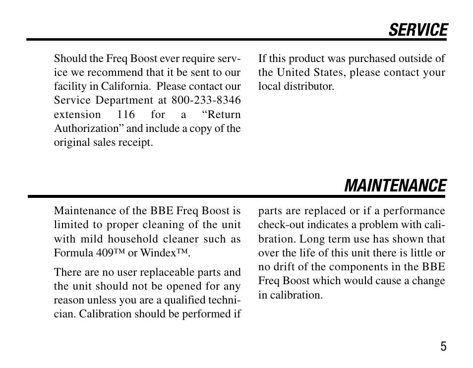 Service, Maintenance | BBE Freq Boost User Manual | Page 9 / 12