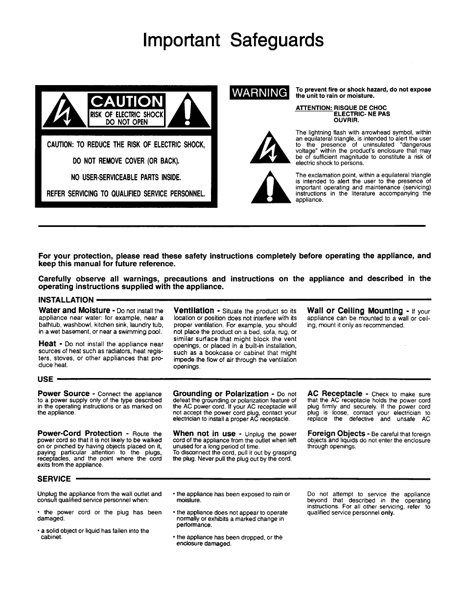 Important safeguards, Risk of electric shock do not open, No user-serviceable parts inside | Refer servicing to qualified service personnel, Installation, Grounding or poiarization - do not, Service, Caution, Warning | BBE Sonic Maximizer BBE 802 User Manual | Page 2 / 16