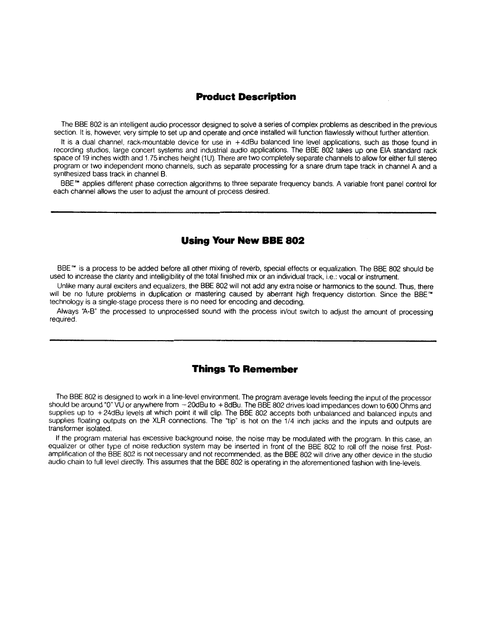 Product description, Using your new bbe 802, Things to remember | BBE Sonic Maximizer BBE 802 User Manual | Page 4 / 16