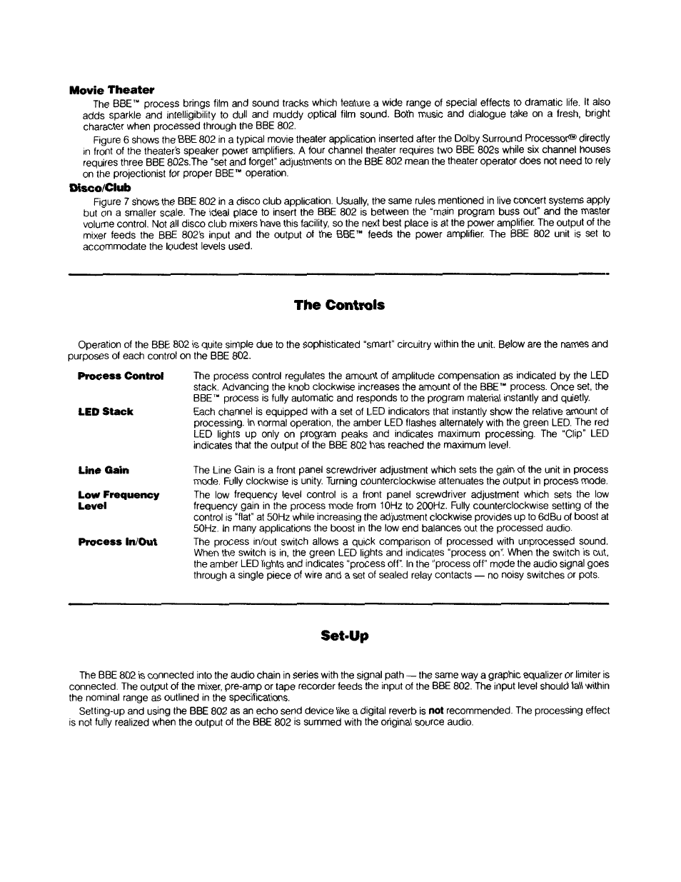 Movie theater, Disco/club, The controls | Set-up | BBE Sonic Maximizer BBE 802 User Manual | Page 6 / 16