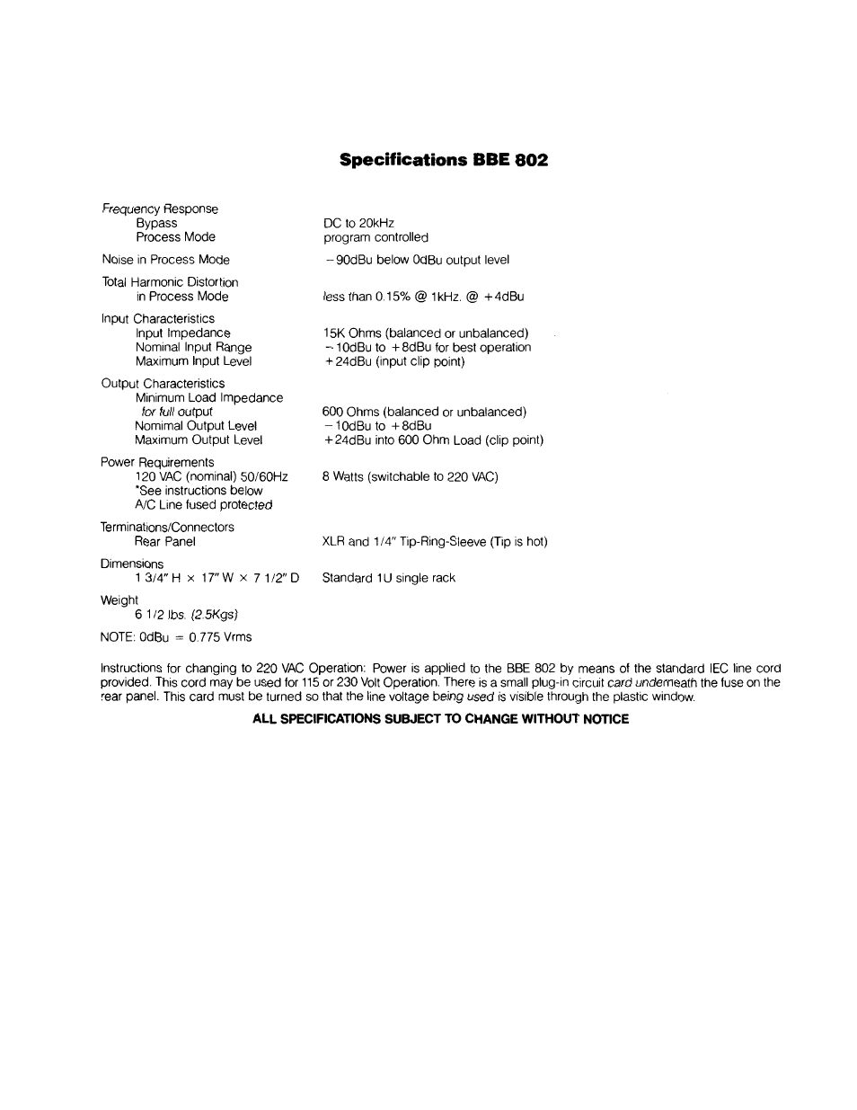 Specifications bbe 802 | BBE Sonic Maximizer BBE 802 User Manual | Page 7 / 16