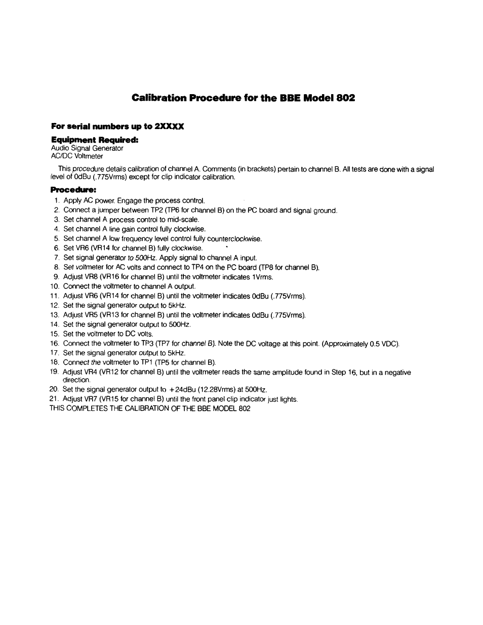 Calibration procedure for the bbe model 802, For serial numbers up to 2xxxx, Equipment required | Procedwe | BBE Sonic Maximizer BBE 802 User Manual | Page 8 / 16
