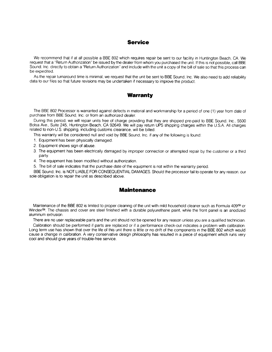Service, Warranty, Maintenance | BBE Sonic Maximizer BBE 802 User Manual | Page 9 / 16
