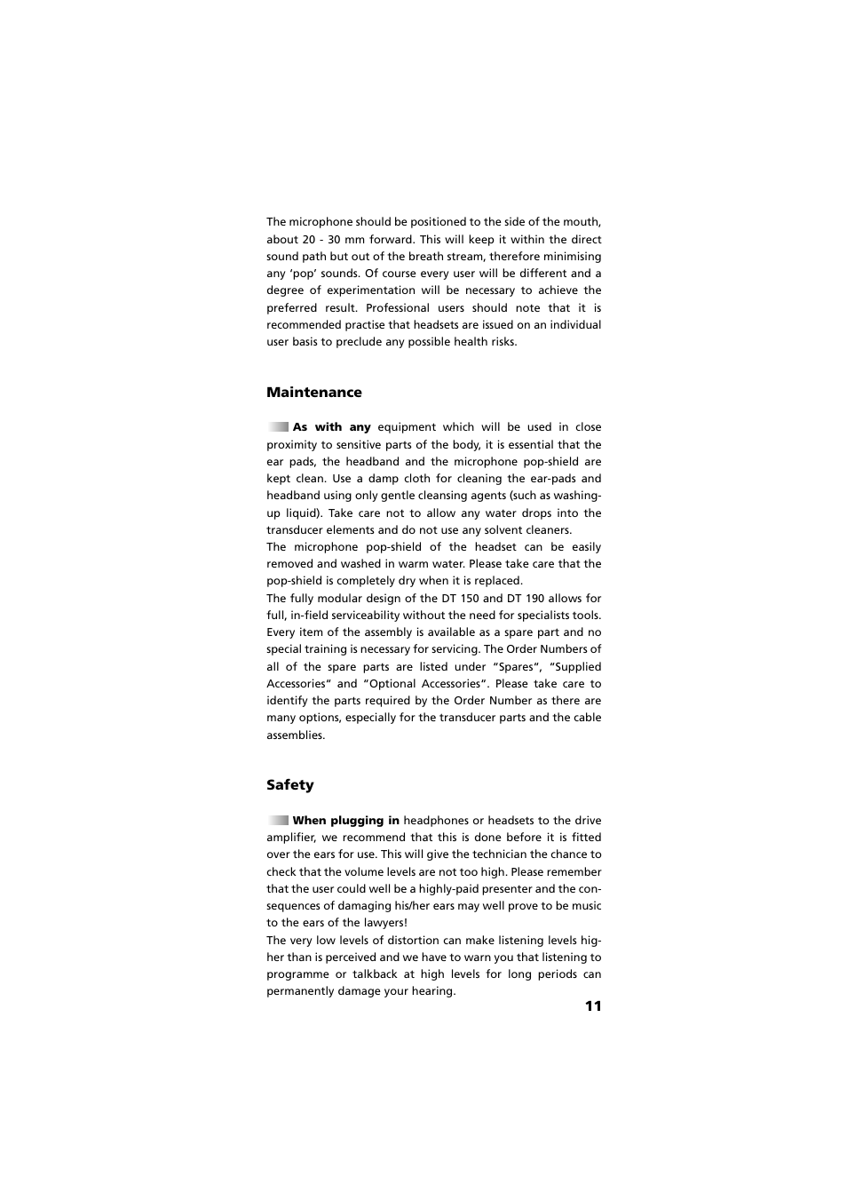 Maintenance, Safety | Beyerdynamic DT 190 User Manual | Page 11 / 21