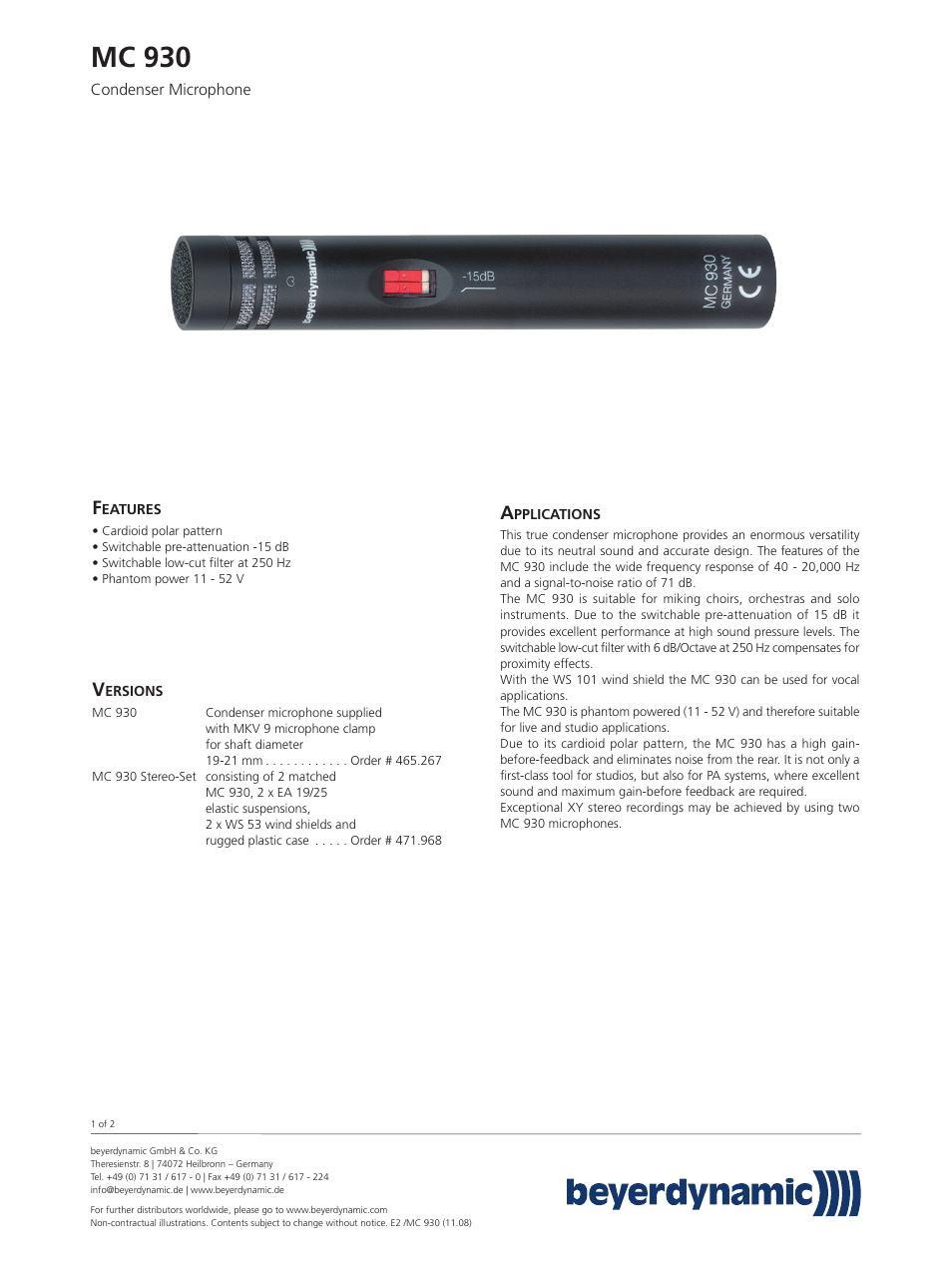 Beyerdynamic MC 930 User Manual | 2 pages