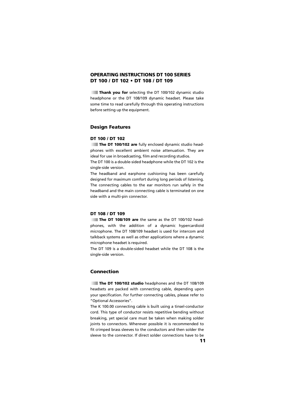 English - operating instructions, Design features, Connection | Beyerdynamic DT 109 User Manual | Page 11 / 28