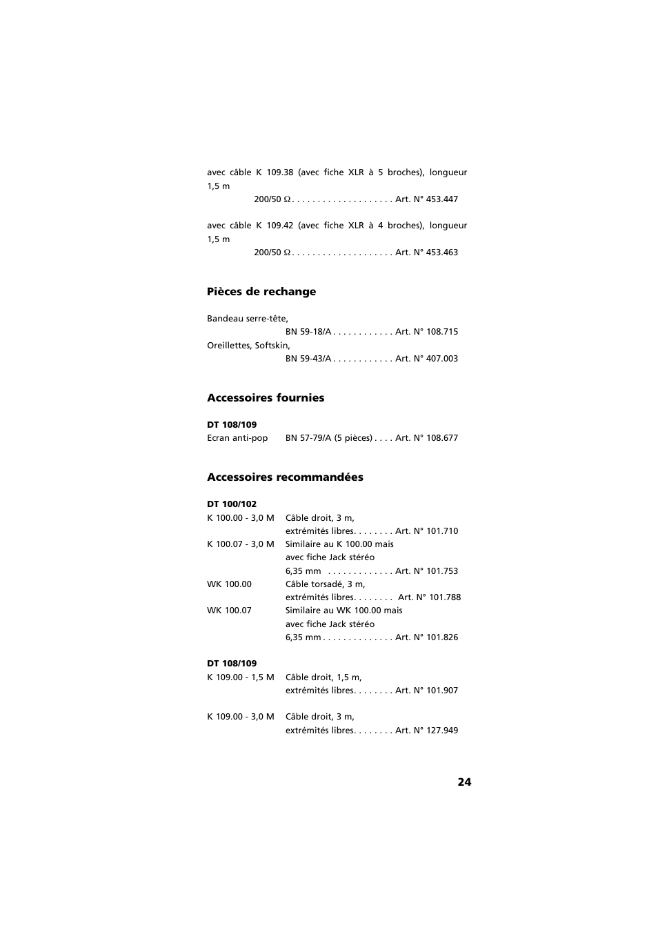 Pièces de rechange, Accessoires recommandées, Accessoires fournies | Beyerdynamic DT 109 User Manual | Page 24 / 28