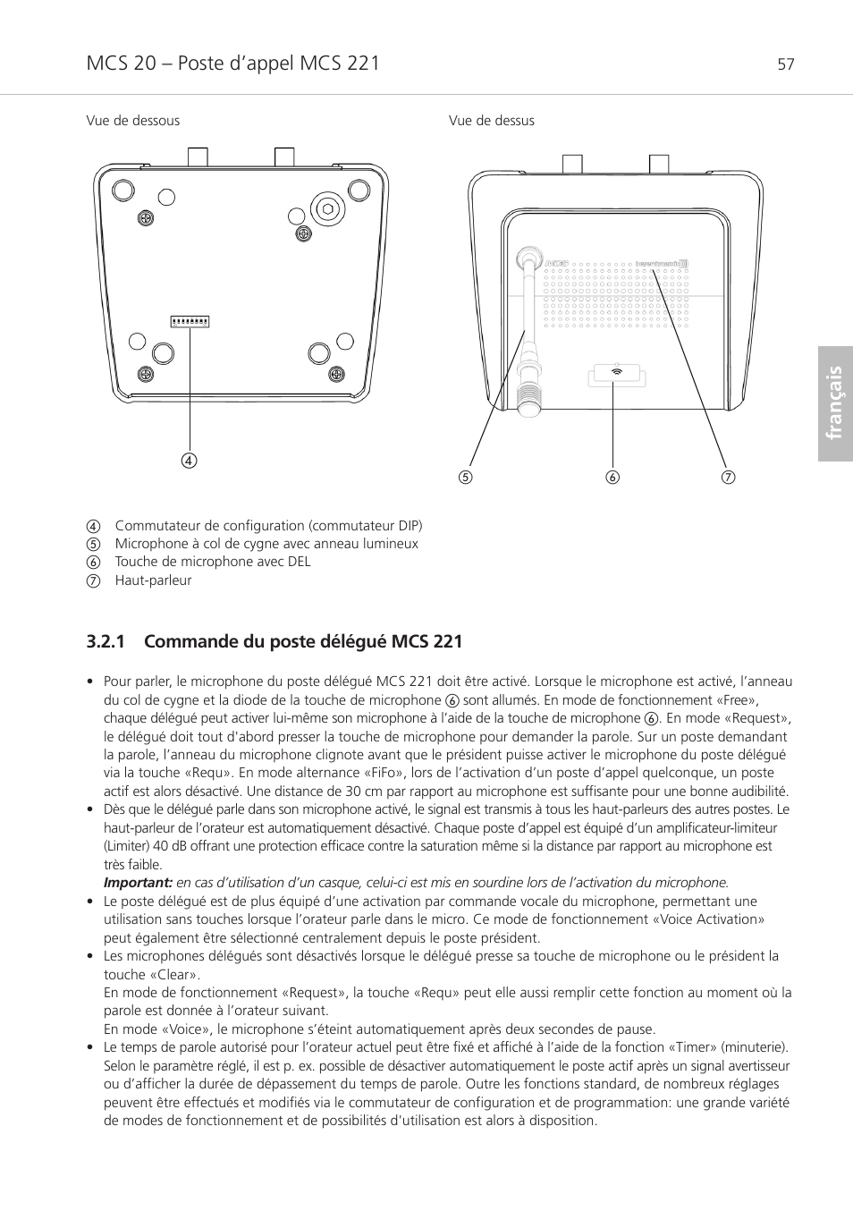 1 commande du poste délégué mcs 221, Français | Beyerdynamic MCS 20 User Manual | Page 57 / 76