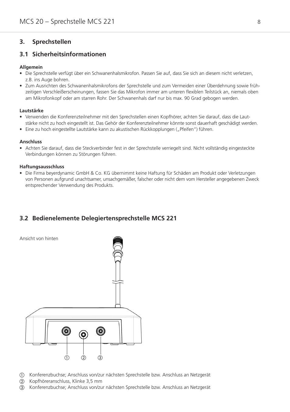 Sprechstellen, 1 sicherheitsinformationen, 2 bedienelemente delegiertensprechstelle mcs 221 | Sprechstellen 3.1 sicherheitsinformationen | Beyerdynamic MCS 20 User Manual | Page 8 / 76