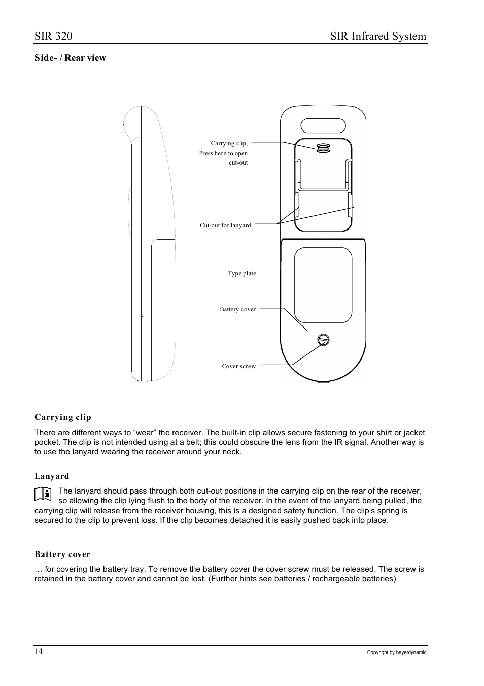Sir 320 sir infrared system, Side- / rear view | Beyerdynamic SIR 320 User Manual | Page 14 / 28