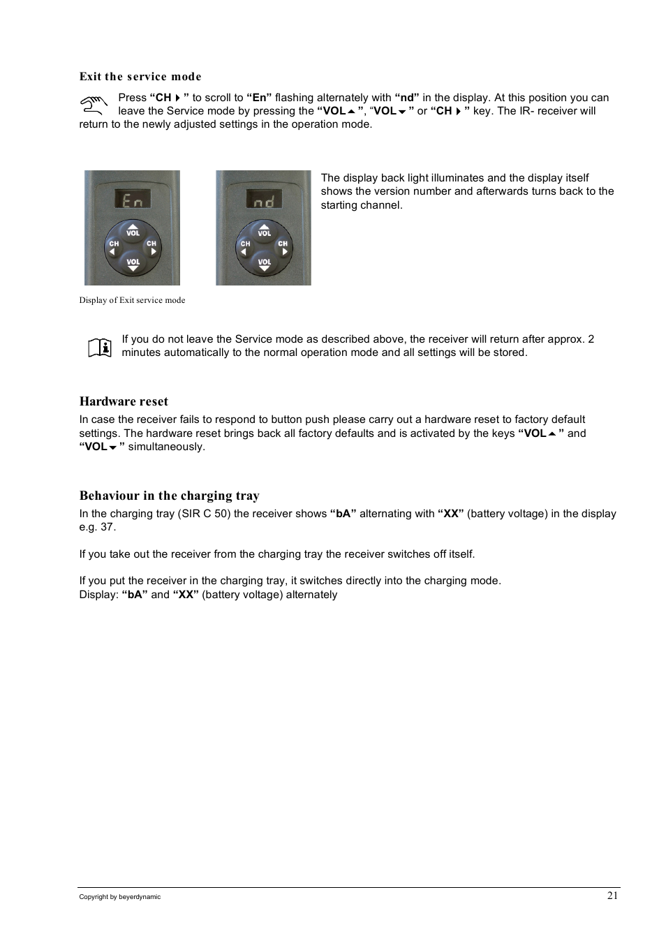 Hardware reset, Behaviour in the charging tray | Beyerdynamic SIR 320 User Manual | Page 21 / 28