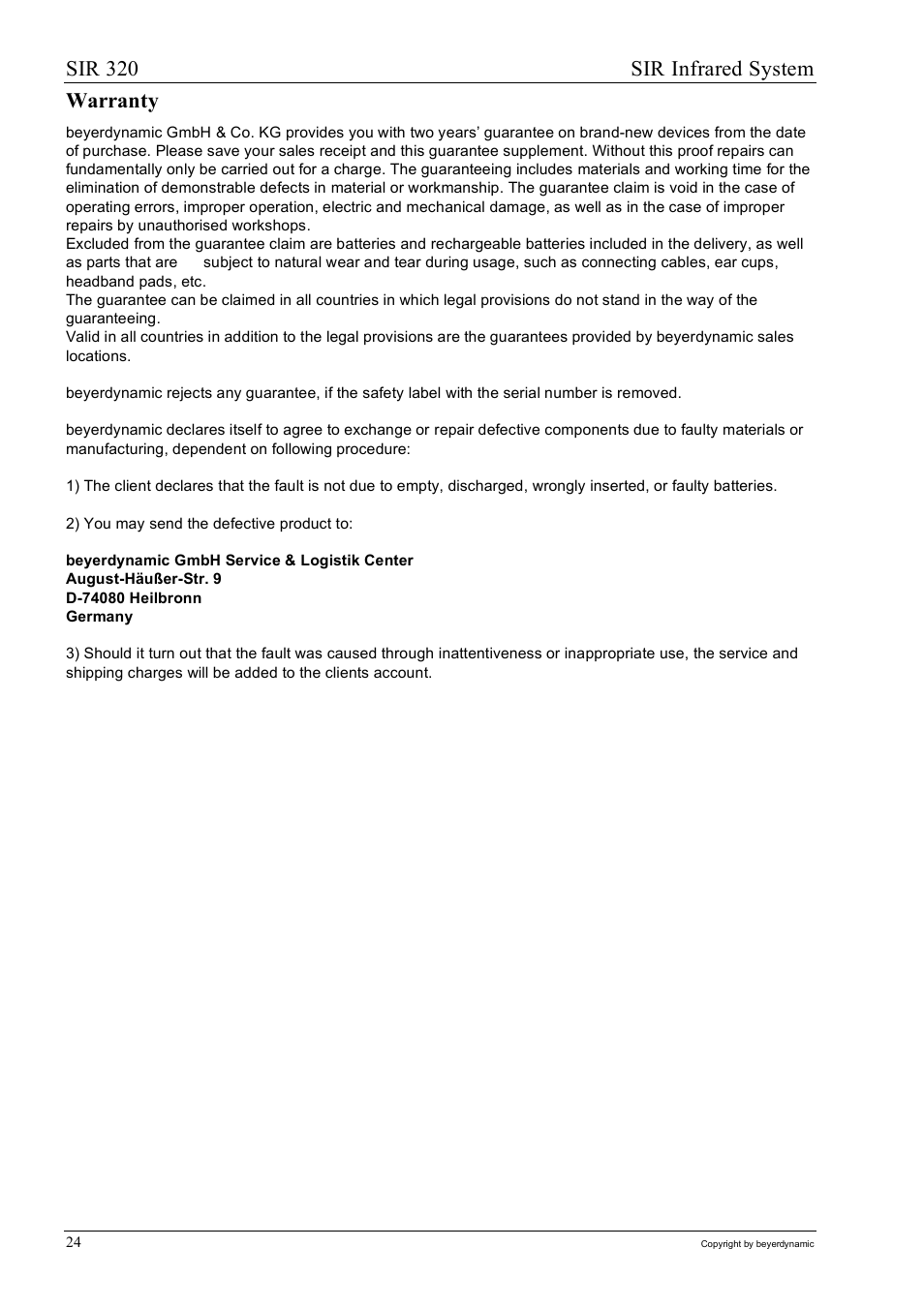 Sir 320 sir infrared system, Warranty | Beyerdynamic SIR 320 User Manual | Page 24 / 28