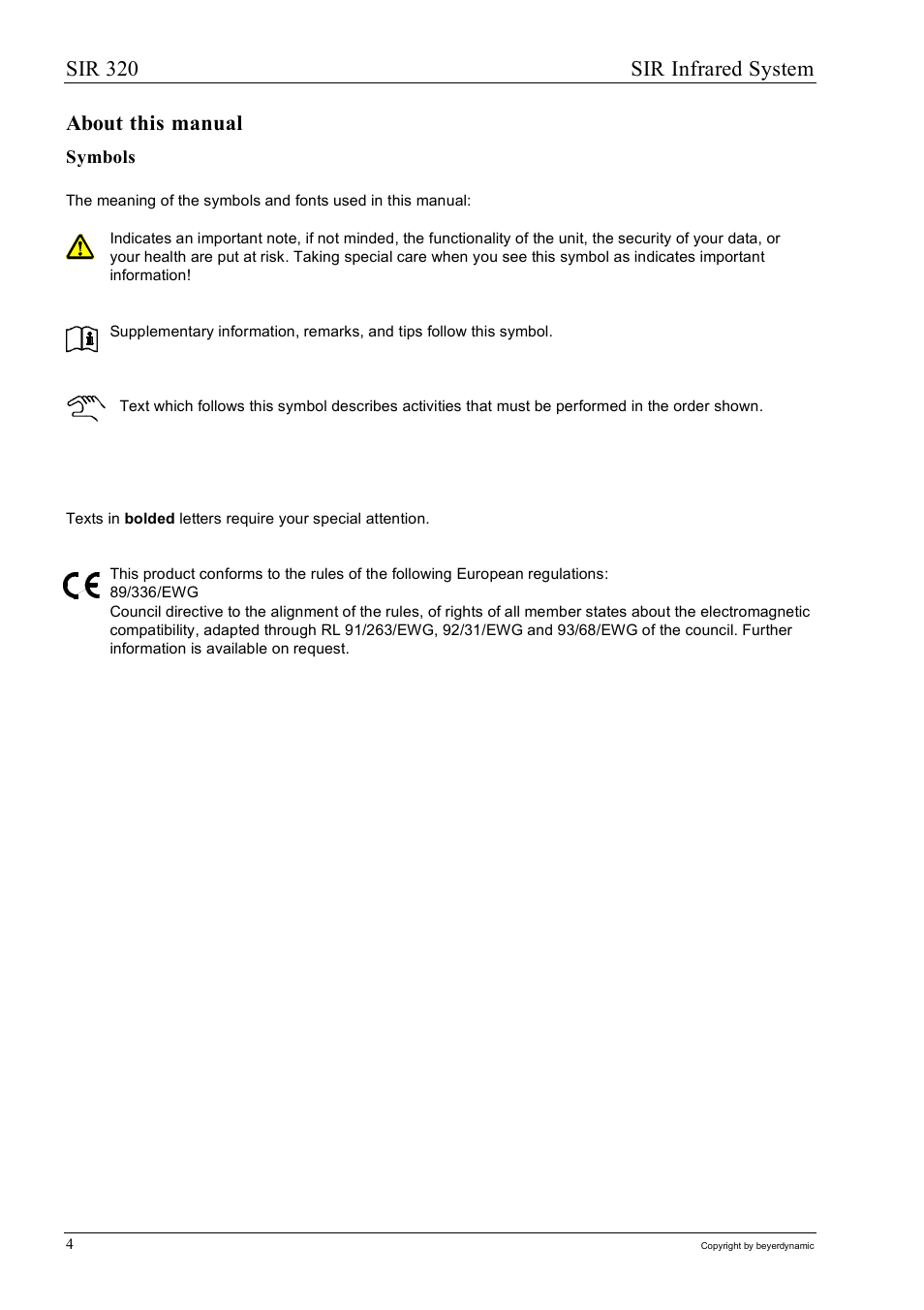 Sir 320 sir infrared system, About this manual | Beyerdynamic SIR 320 User Manual | Page 4 / 28