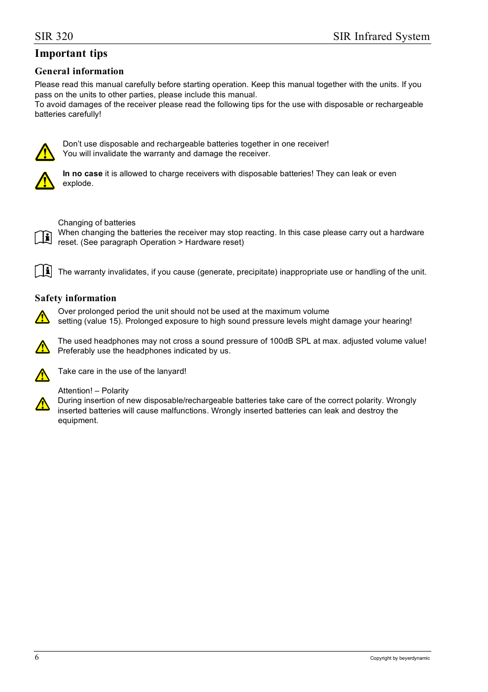 Sir 320 sir infrared system, Important tips | Beyerdynamic SIR 320 User Manual | Page 6 / 28