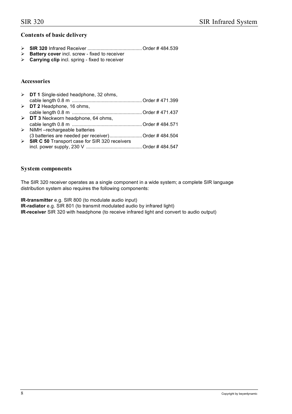 Sir 320 sir infrared system | Beyerdynamic SIR 320 User Manual | Page 8 / 28