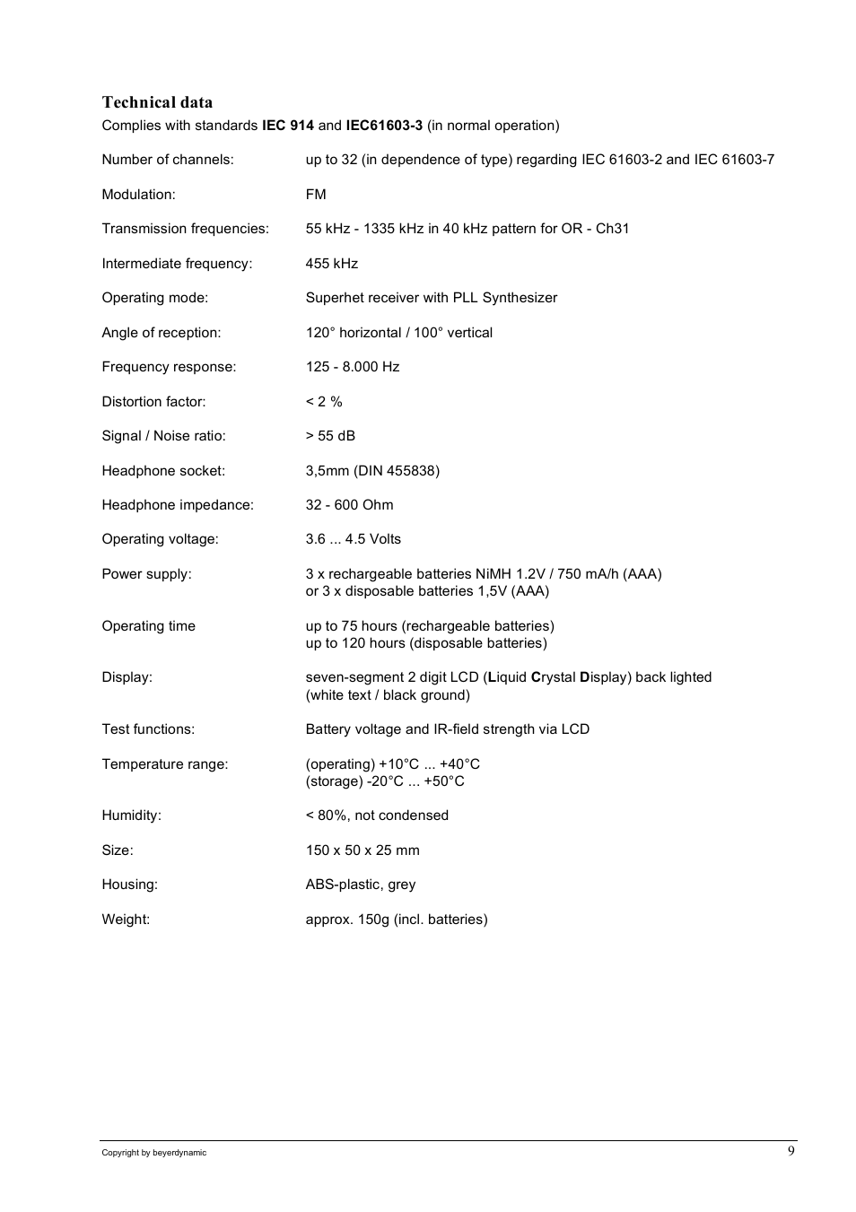 Technical data | Beyerdynamic SIR 320 User Manual | Page 9 / 28