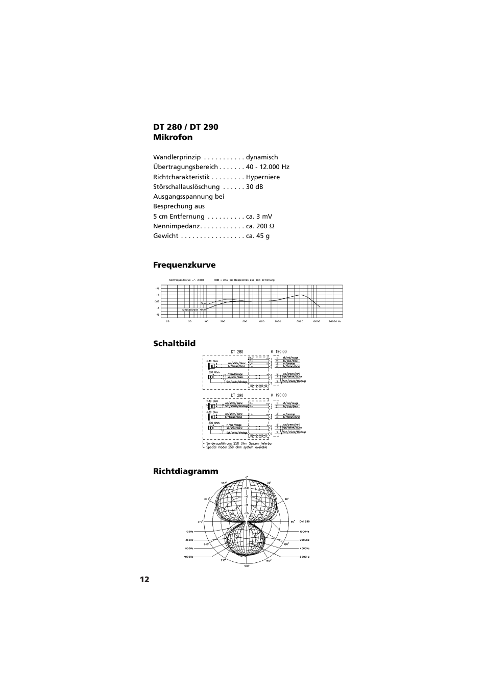 Dt 280 / dt 290 mikrofon, Frequenzkurve, Schaltbild | Richtdiagramm | Beyerdynamic DT 290 User Manual | Page 12 / 48