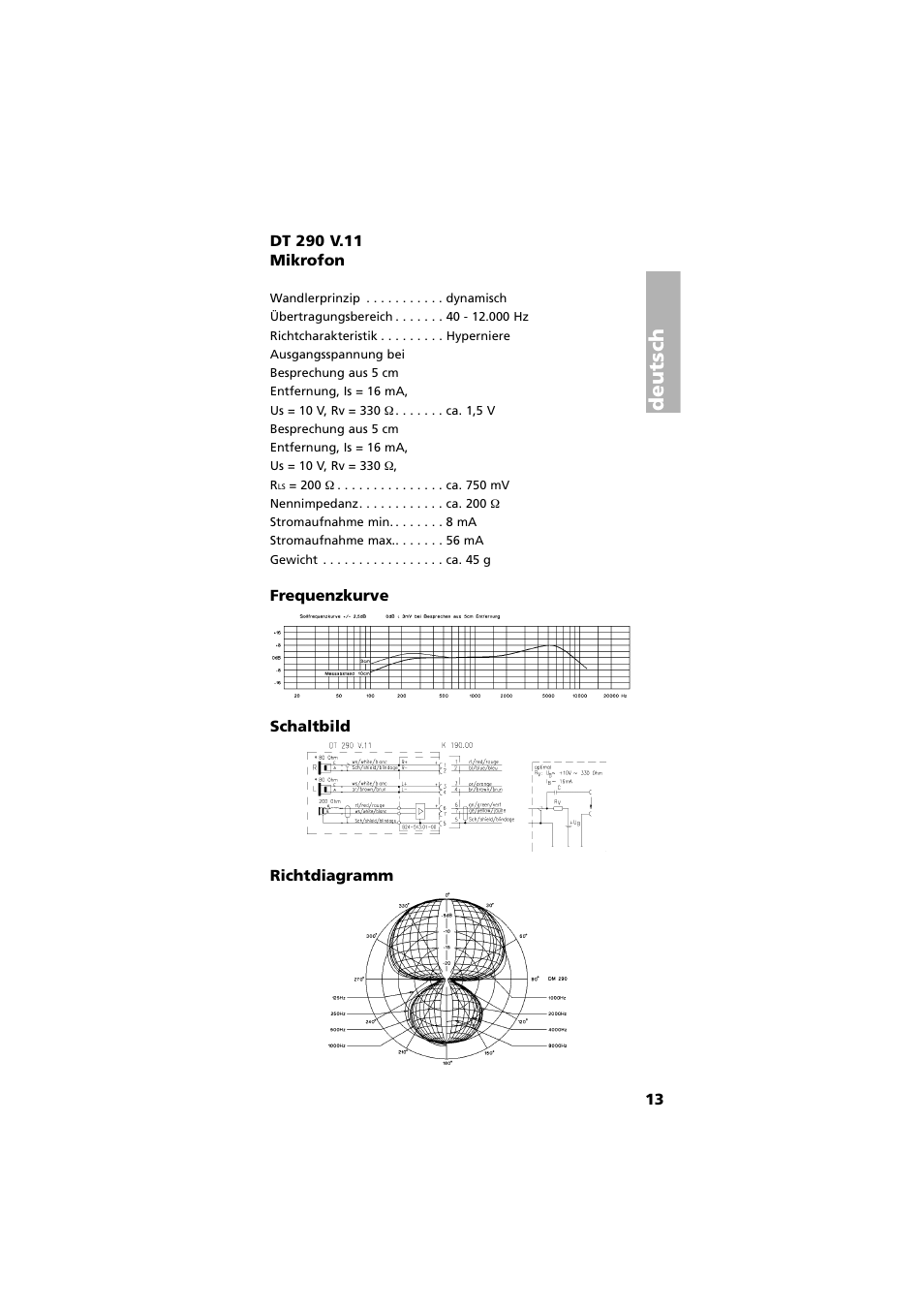 Dt 290 v.11 mikrofon, Frequenzkurve, Schaltbild | Richtdiagramm, Deutsch | Beyerdynamic DT 290 User Manual | Page 13 / 48