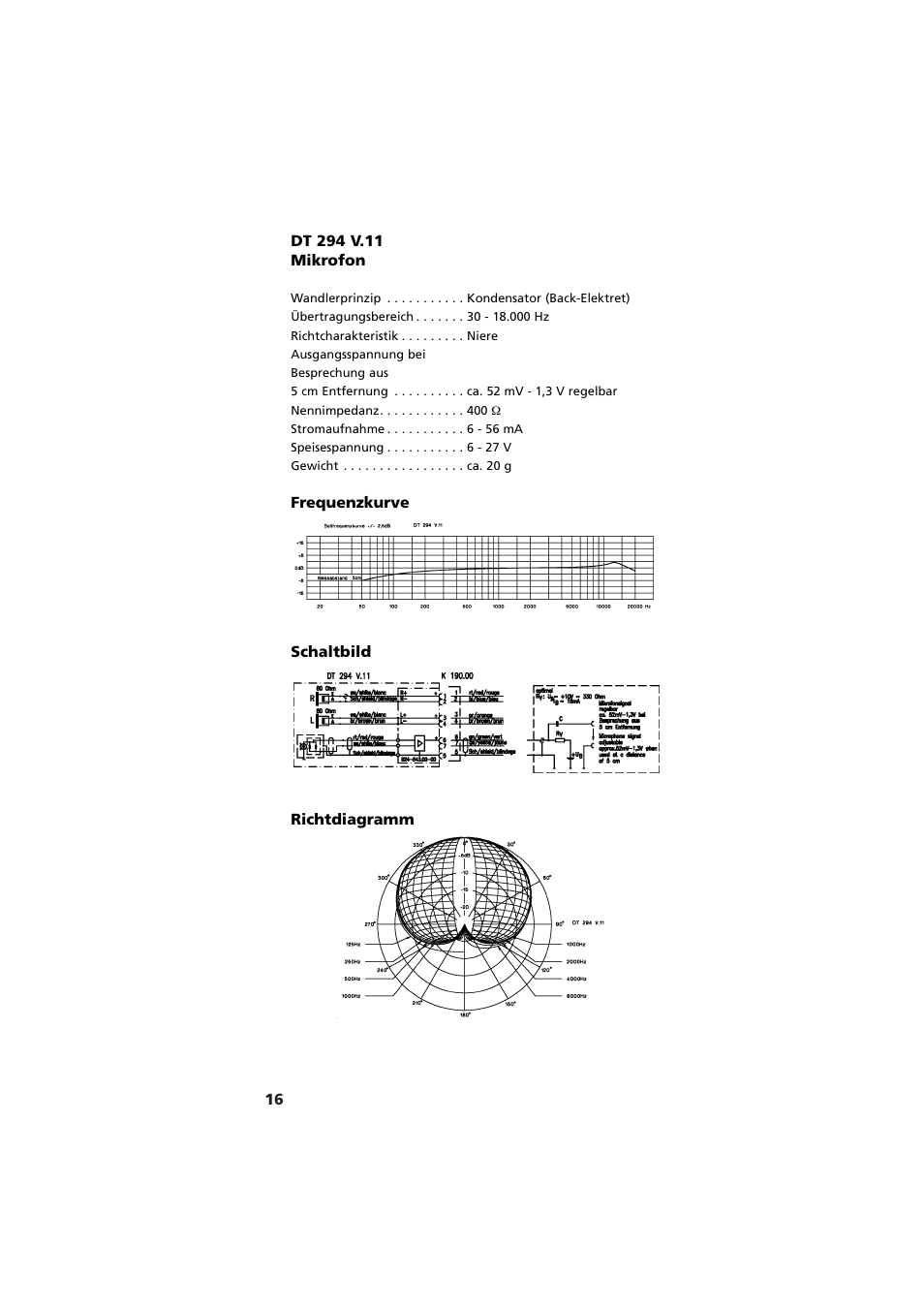 Dt 294 v.11 mikrofon, Frequenzkurve, Schaltbild | Richtdiagramm | Beyerdynamic DT 290 User Manual | Page 16 / 48