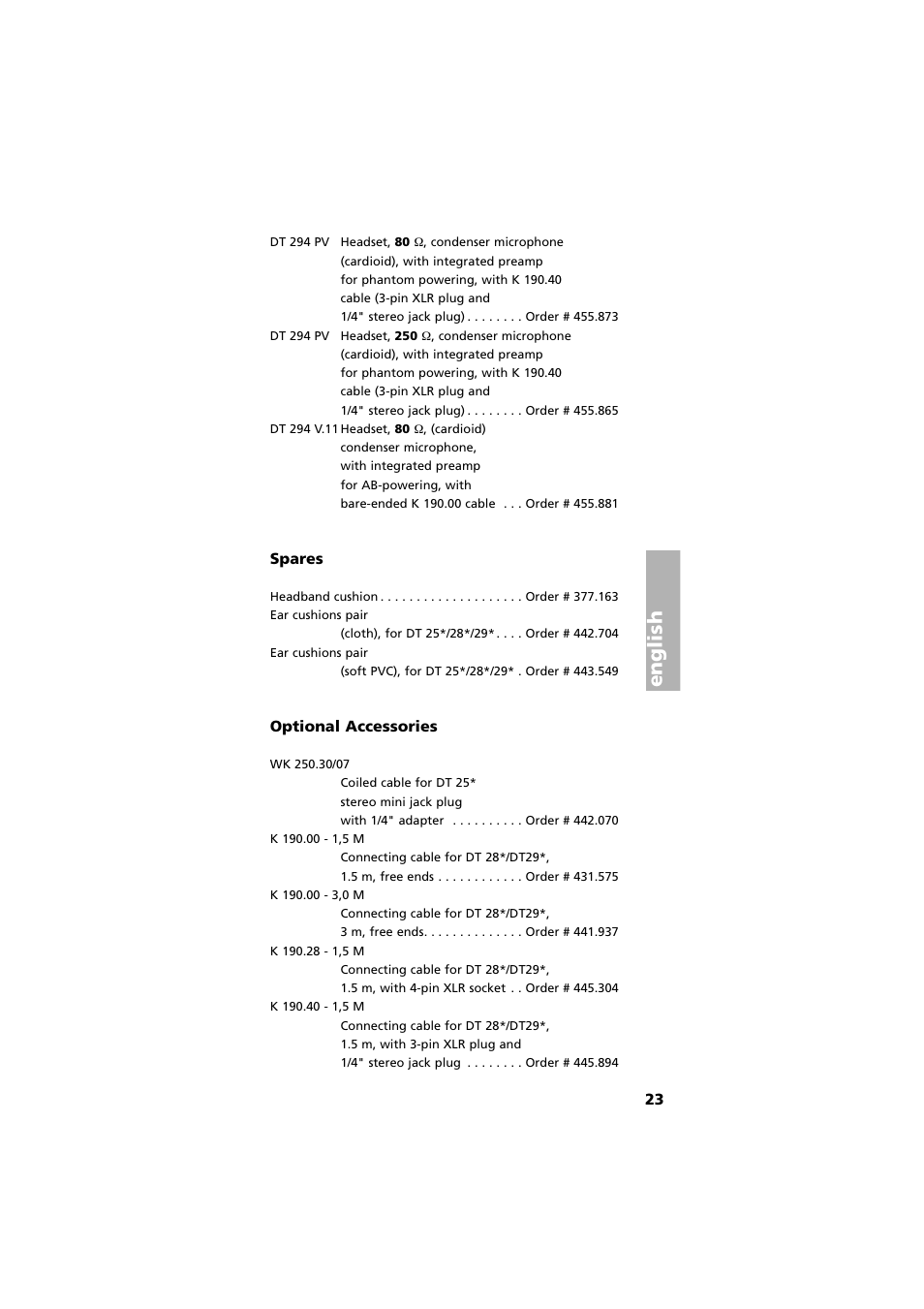 Spares, Optional accessories, English | Beyerdynamic DT 290 User Manual | Page 23 / 48