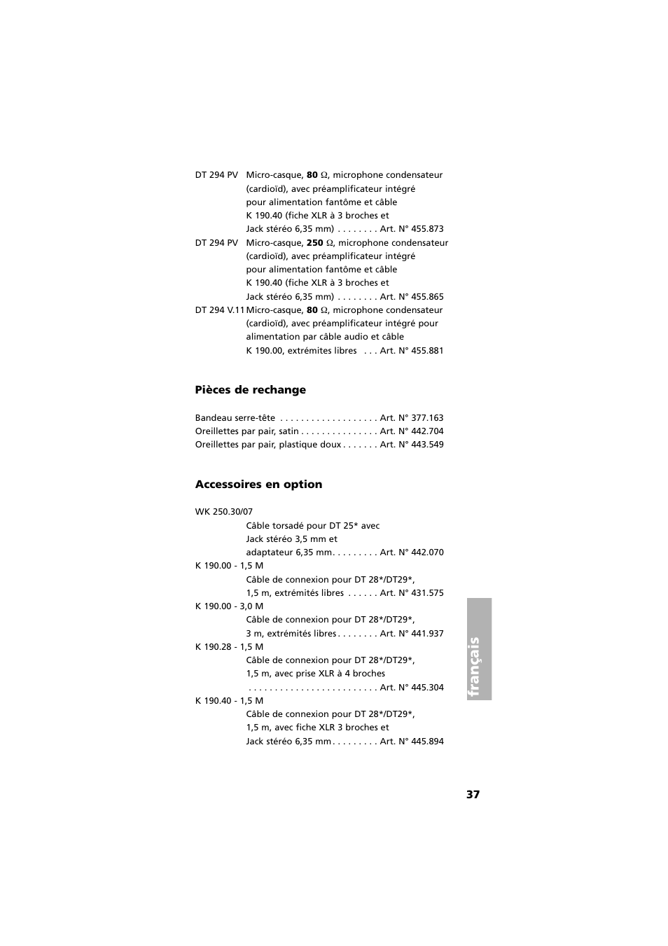 Pièces de rechange, Accessoires en option, Français | Beyerdynamic DT 290 User Manual | Page 37 / 48