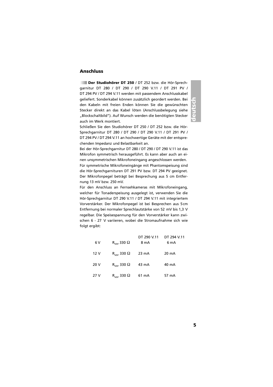 Anschluss, Deutsch, 5anschluss | Beyerdynamic DT 290 User Manual | Page 5 / 48