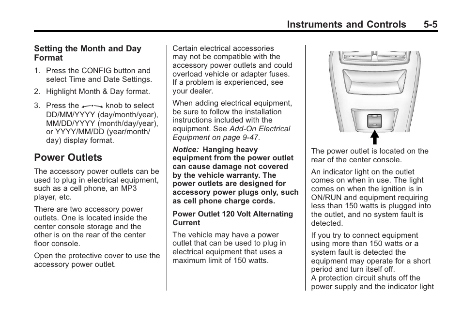 Power outlets, Power outlets -5, Instruments and controls 5-5 | Buick 2011 Regal User Manual | Page 107 / 360
