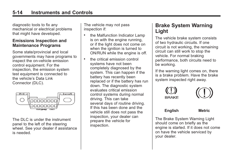 Brake system warning light, Brake system warning, Light -14 | 14 instruments and controls | Buick 2011 Regal User Manual | Page 116 / 360