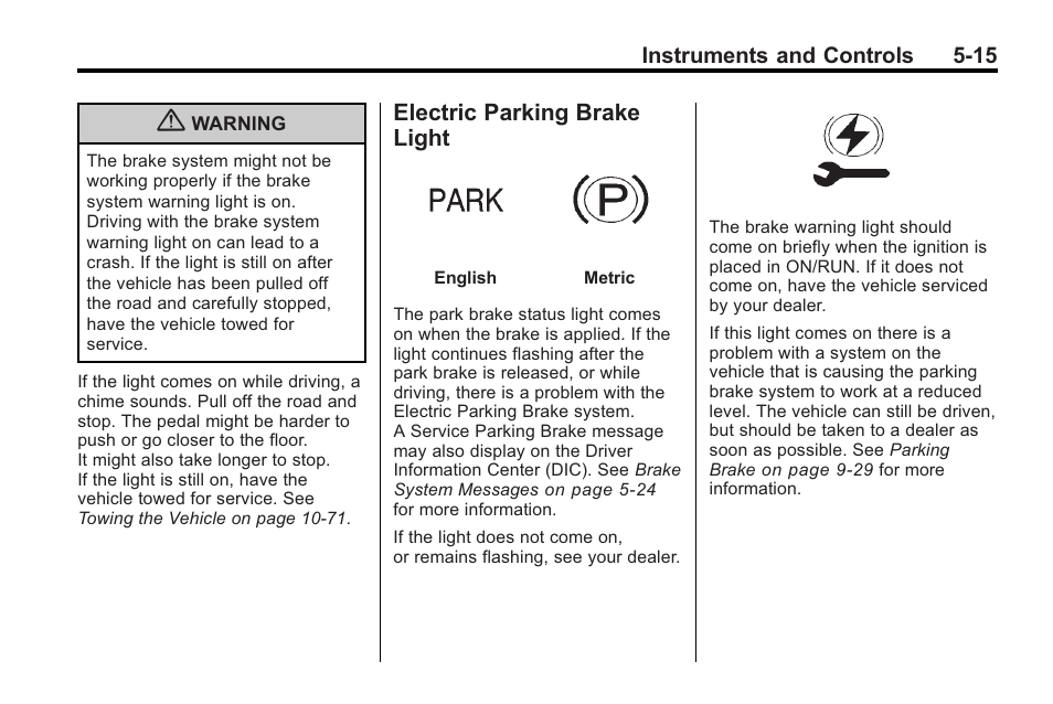 Electric parking brake light, Electric parking brake, Light -15 | Buick 2011 Regal User Manual | Page 117 / 360