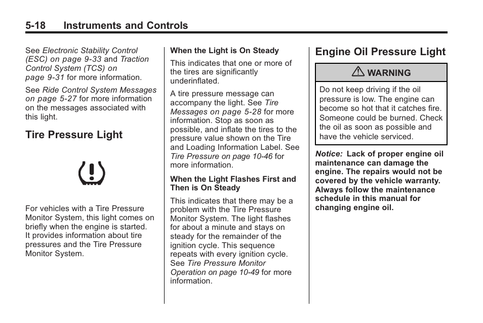 Tire pressure light, Engine oil pressure light | Buick 2011 Regal User Manual | Page 120 / 360