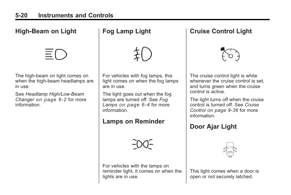 High-beam on light, Fog lamp light, Lamps on reminder | Cruise control light, Door ajar light, High-beam on light -20 fog lamp light -20 | Buick 2011 Regal User Manual | Page 122 / 360