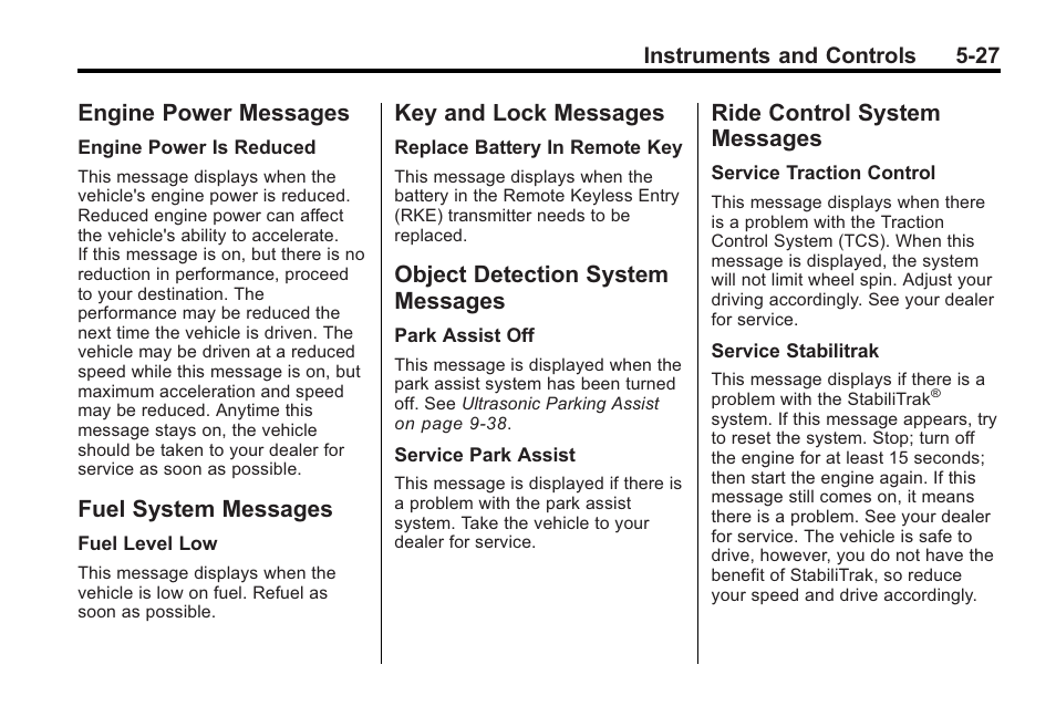 Engine power messages, Fuel system messages, Key and lock messages | Object detection system messages, Ride control system messages, Messages -27, Ride control system | Buick 2011 Regal User Manual | Page 129 / 360