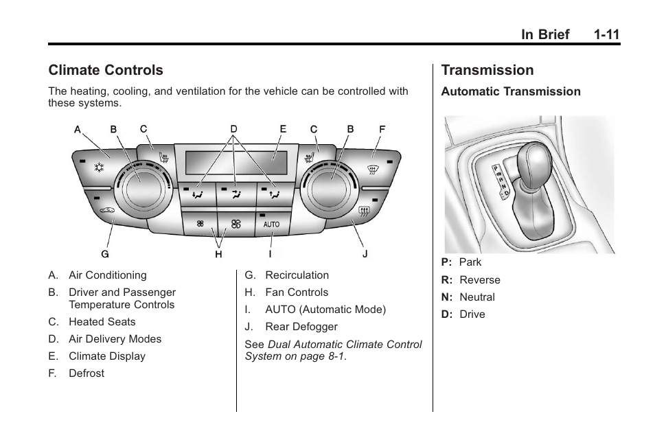 Climate controls, Transmission, Climate controls -11 transmission -11 | Buick 2011 Regal User Manual | Page 15 / 360